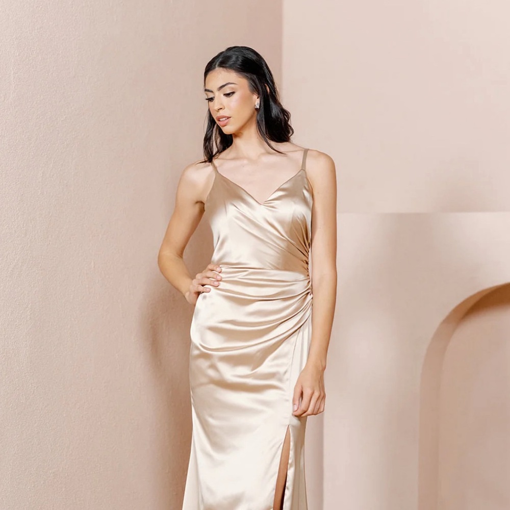 Revelry Rory Satin Champagne Bridesmaid Dress